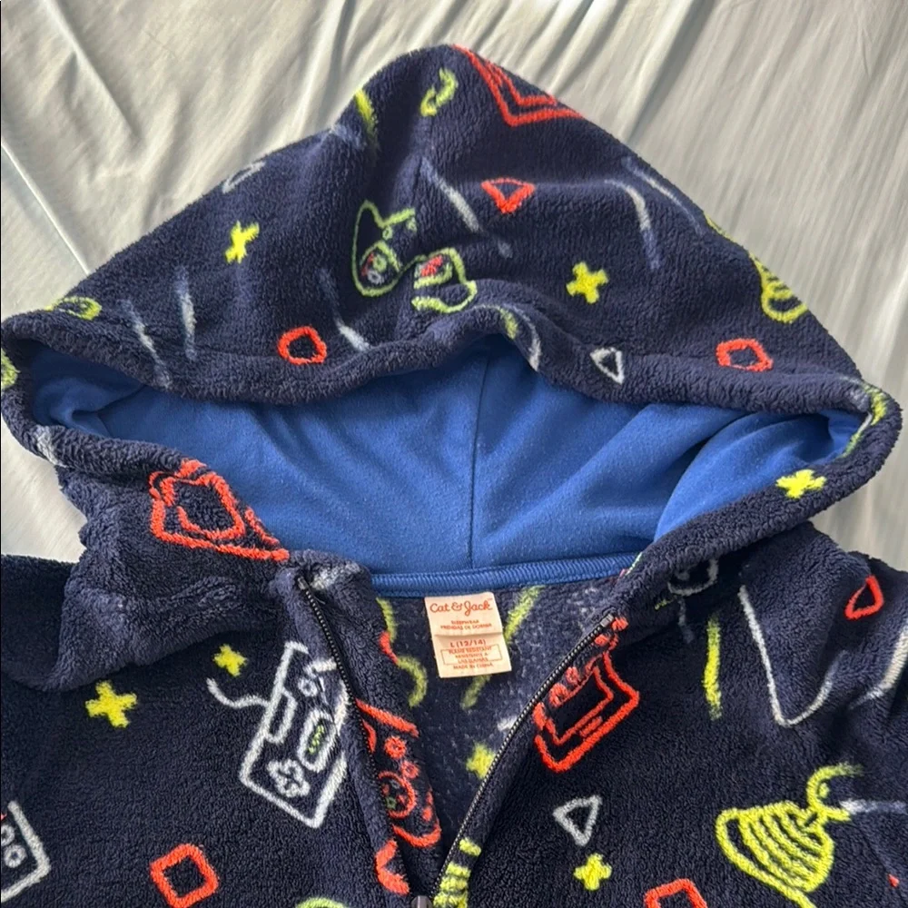 Super warm!!! Kids Navy Blue Gaming Print One Piece fleece pajamas